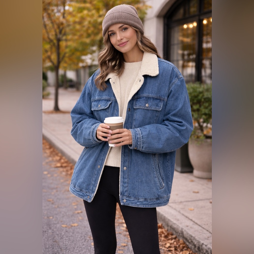 Eddie Bauer Blue Denim Jacket with Cream Sherpa Collar